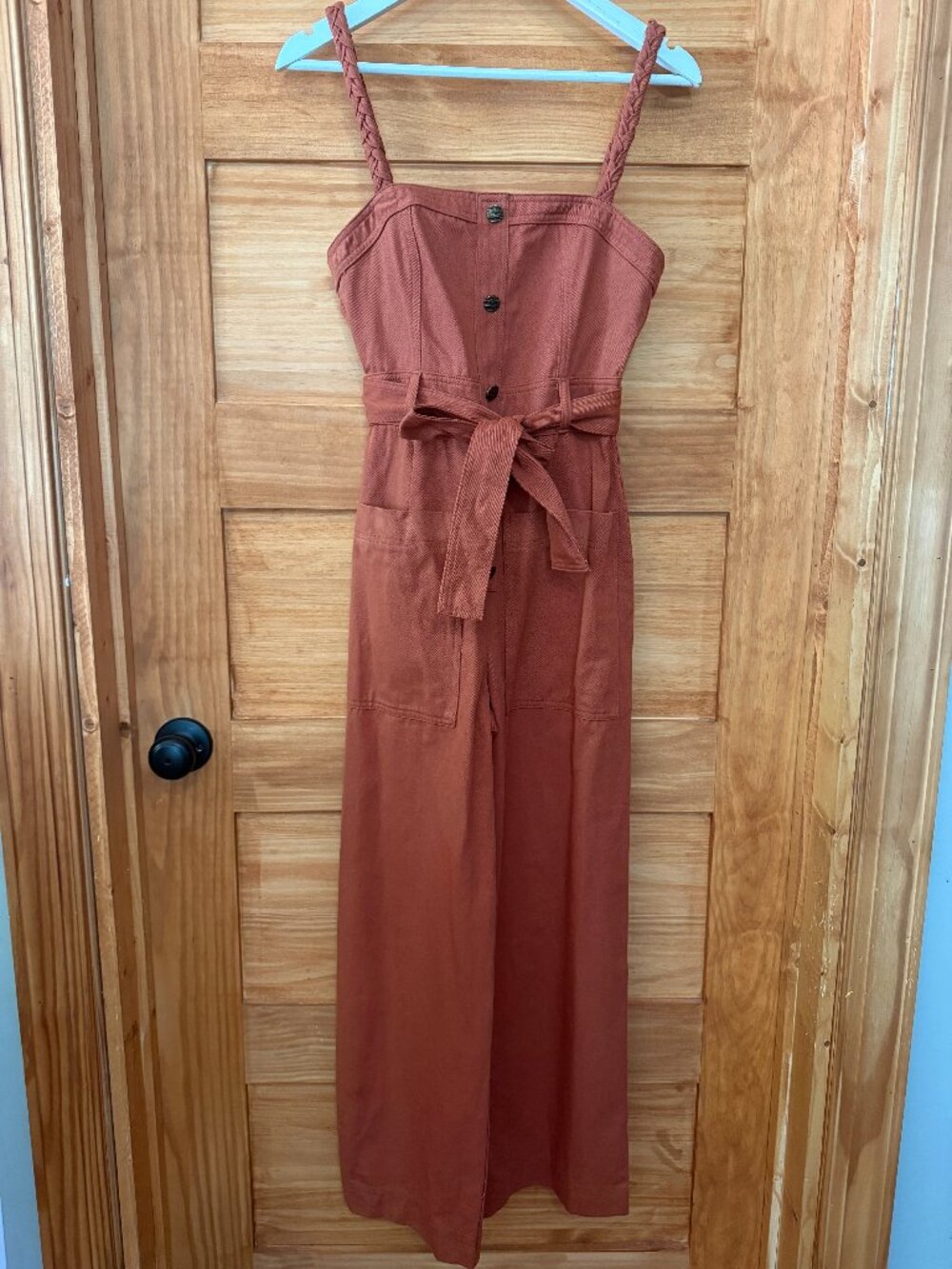 Storia Rust Braided Strap Tie Waist Wide Leg Cotton Utility Jumpsuit size S - Picture 2 of 6